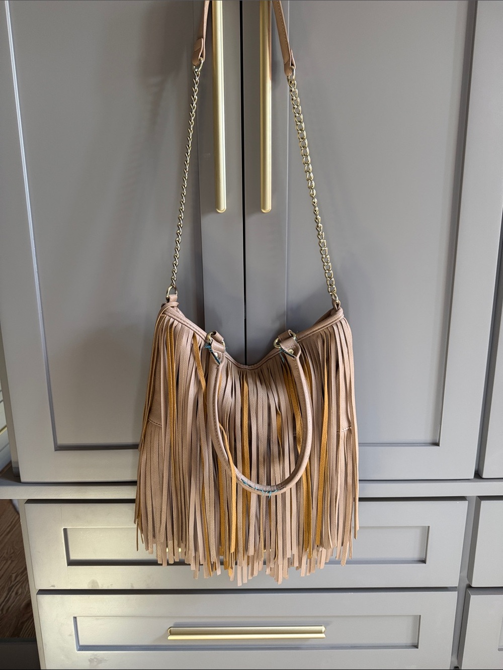 Steve Madden Fringed Taupe Shoulder Bag with Chain Strap